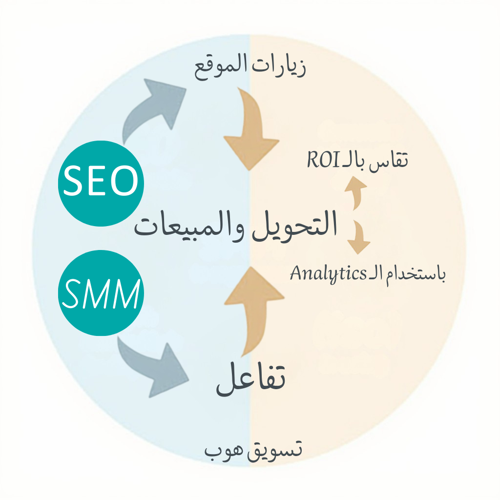 إنفوجرافيك يوضح العلاقة بين بعض المفاهيم الأساسية مثل SEO يؤدي إلى زيارات للموقع، SMM يؤدي إلى تفاعل، وكلاهما يصب في التحويل والمبيعات التي تقاس بالـ ROI وباستخدام الـ Analytics